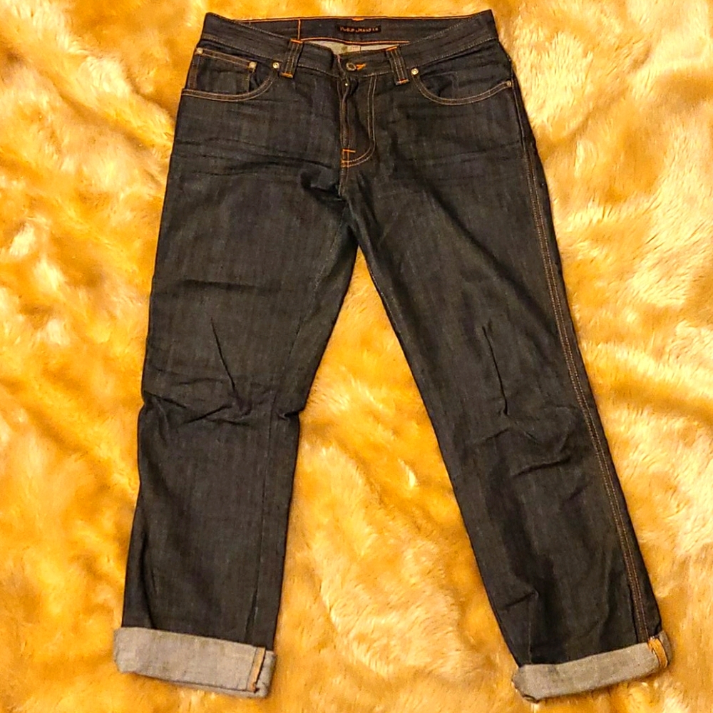 Men's Nudie 32x32 Slim Jim Raw Denim Blue Jeans